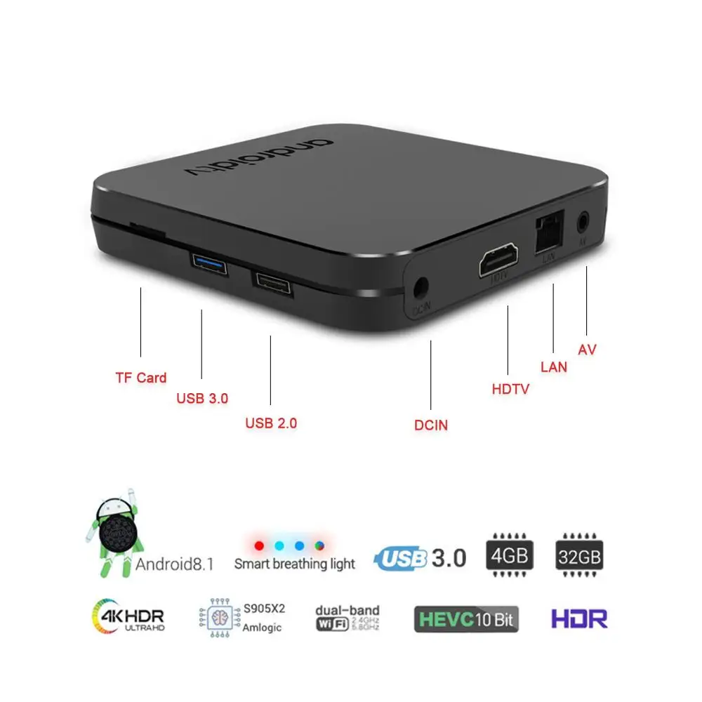 

Mecool KM9 Android 8.1 TV Box Smart TV 4K Set Top Box Media Player Amlogic S905X2 DDR4 4GB RAM/32GB ROM BT4.1 Dual WiFi