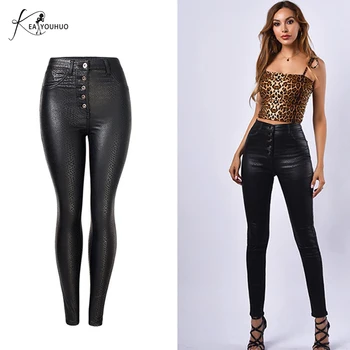 

2019 Winter Snake Grain PU Leather Pants For Women Plus Size Pants Trousers Women High Waist Black Pencil Pants Pantalon Femme