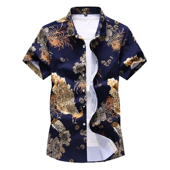 

Chinese style printed short-sleeved slim lapels cotton shirt men/peacock flower pattern high quality male shirt Asian size M-7XL