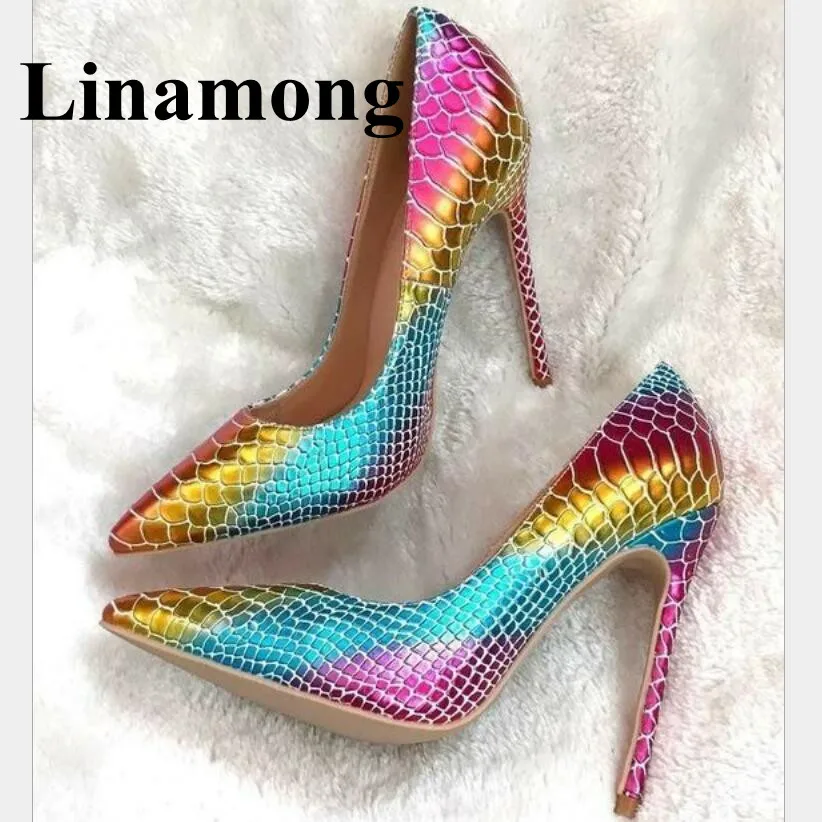 Hottest INS Rainbow Shoes Sexy Pointed Toe And Thin High Heel Fashion Snakeskin Pattern 12 CM Heel Spring And Autumn Women Pumps