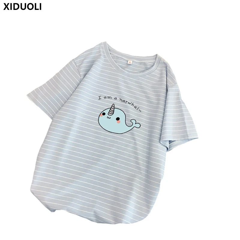 

Summer Women's Stripe T Shirt Harajuku Kawaii Cartoon Dolphin Heart Print Tshirts Full Cotton Quality Korean Style Clothes Tops