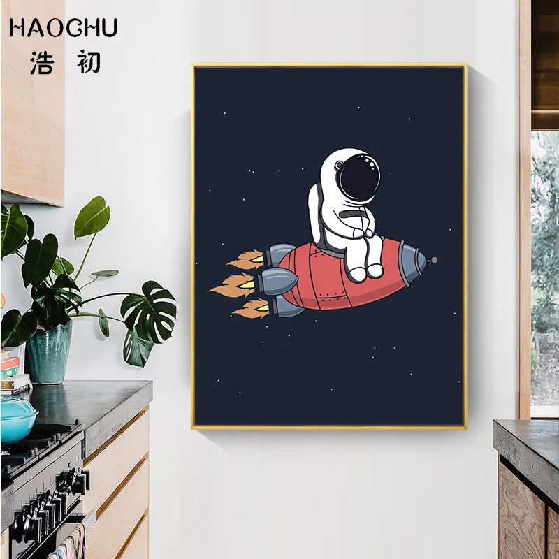 HAOCHU пространство сцена Moon украшения картина на черном холсте ракета Wall Art плакат