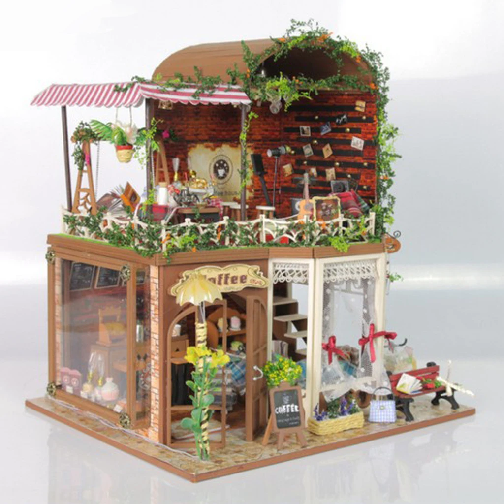 

Dollhouse Miniature DIY Kits with Furniture, 1:24 Scale DIY Dollhouse LED Light Craft - Warmhearted Coffee Shop Gift