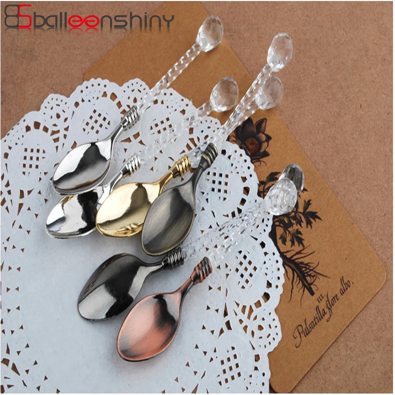 

BalleenShiny Alloy Coffee Spoon Vintage Plastic Crystal Handle Dessert Yogurt Ice-cream Tea Spoon Cute Tableware Decoration