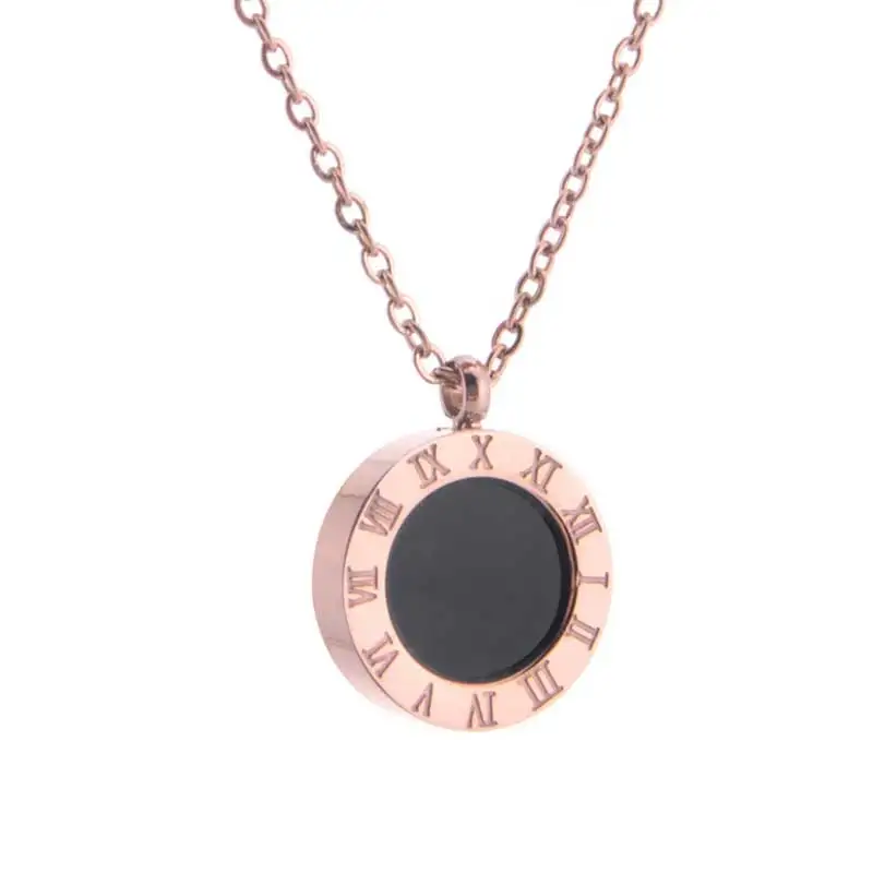 

Stylish Luxury Roman Numerals Round Titanium Steel Necklace Black White Double-Sided Pendant Clavicle Chain for Women