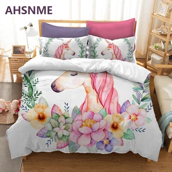 

AHSNME Flowers and Unicorns Bedding Set Rhinoceros unicornis Children super girls love gift Quilt Cover King Queen Home Textiles