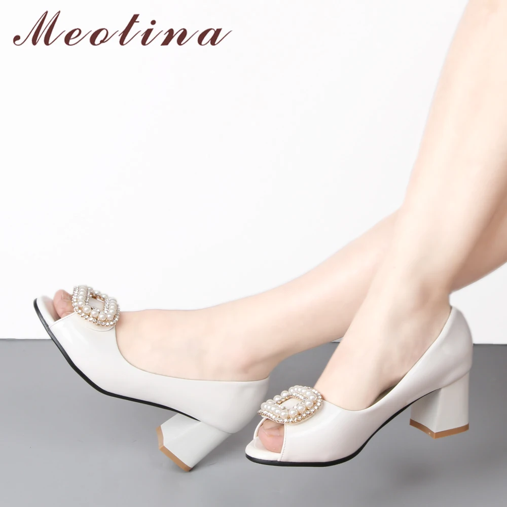 

Meotina Fashion Women Shoes Pumps Autumn Peep Toe Bridesmaids Chunky Medium Heels Female Beading White Shoes Large Size 41 42