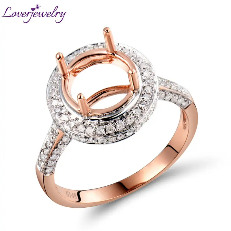 

LOVERJEWELRY Solid 585 Rose Gold Natural Diamonds DIY Gemstone Ring Setting For Female Engagement Semi Mount Ring Round 9x9mm