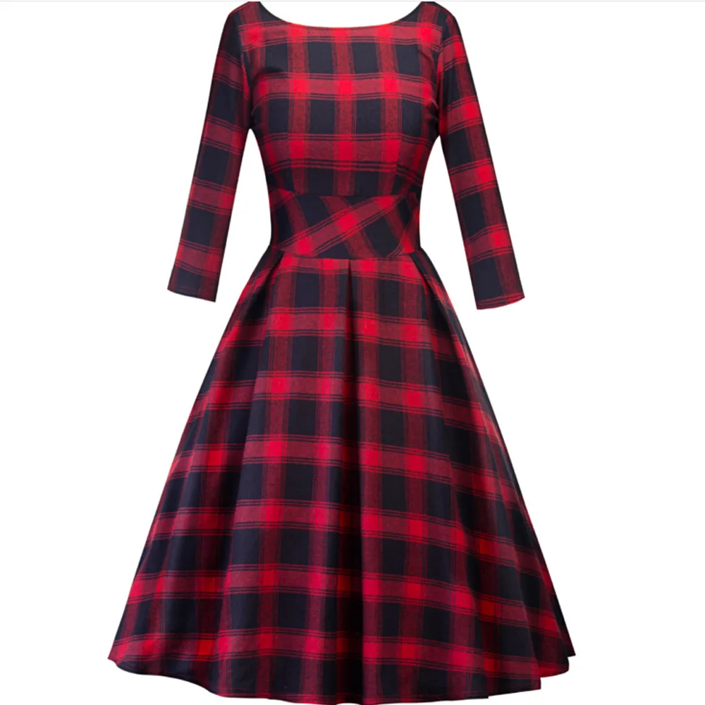  Vintage Christmas Dress Women 3/4 Sleeve Pleated A Line Retro 1950s Clothing Rockabilly Pinup Sexy 