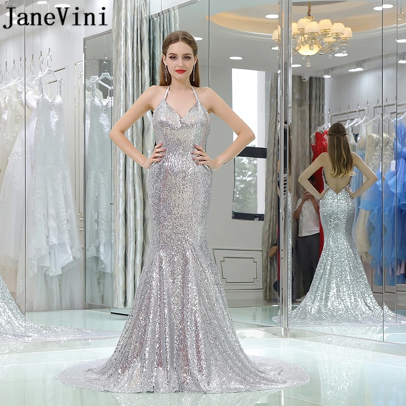 

JaneVini Sexy Mermaid Silver Bridesmaid Dresses Sparkly Sequined Halter Backless Court Train Prom Party Gowns Bruidsmeisjes Jurk