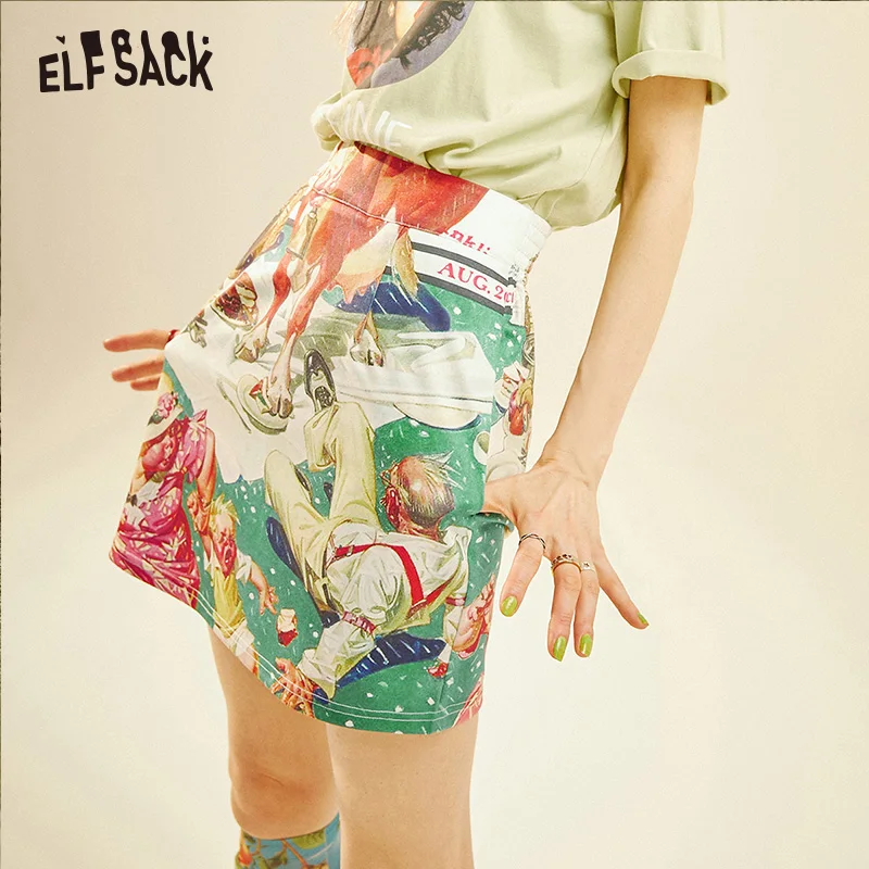 ELFSACK Vintage Cartoon Print Women Skirts Fashion A-Line Mid Waist Female Skirt Summer Streetwear Casual Femme Bottoms