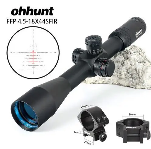 Ohhunt FFP 4,5-18X44 SFIR первый фокальный самолет охотничий оптический прицел боковой Параллакс R/G СТЕКЛО гравированное сетка замок сброс область - Цвет: with Pictinny Rings