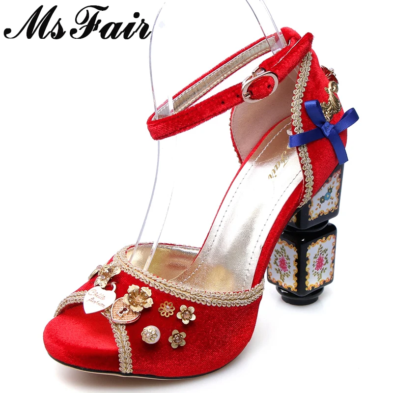 

MsFair Flower Metal Decoration Sandals Shoes Woman Fashion Metal Buckle Peep Toe High Heels Sandals Women Brand Sandales Femme