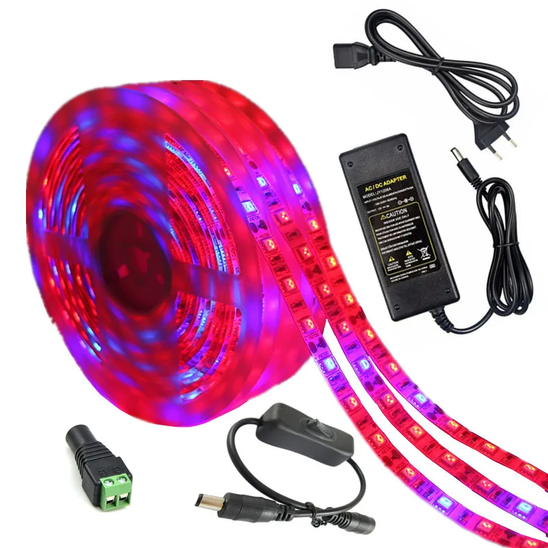 

12V Plant Grow lights Full Spectrum LED Strip Flower phyto lamp 5m Red blue 3:1 4:1 5:1 for Greenhouse Hydroponic+Power adapter