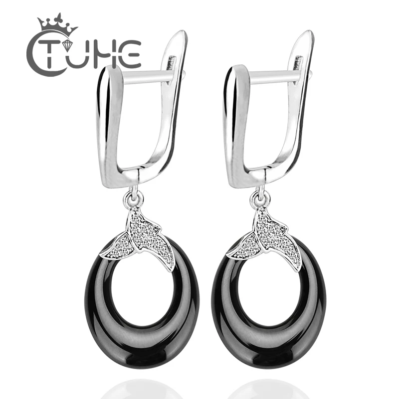 Прекрасный черный, Белый Цвет капли воды милый в виде капель с кристаллами в форме Для женщин Леди Bling Стразы Керамика круглые серьги Нержавеющая сталь, ювелирные изделия для женщин