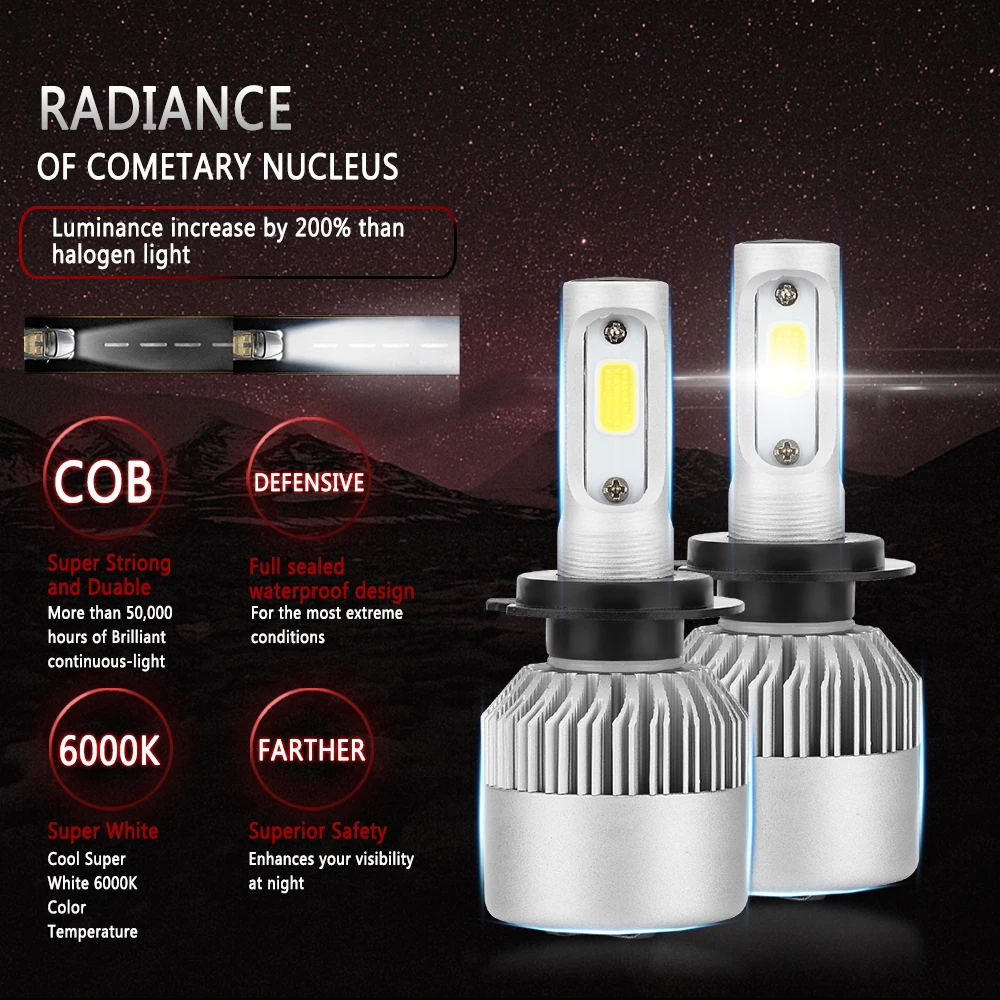 

2 Pcs 12V 24V Car Headlight H4 LED H7 H1 H3 H11 H13 H27 HB3 HB4 9004 9005 9006 9007 72W 8000LM Auto Headlamp 6500K Light Bulb