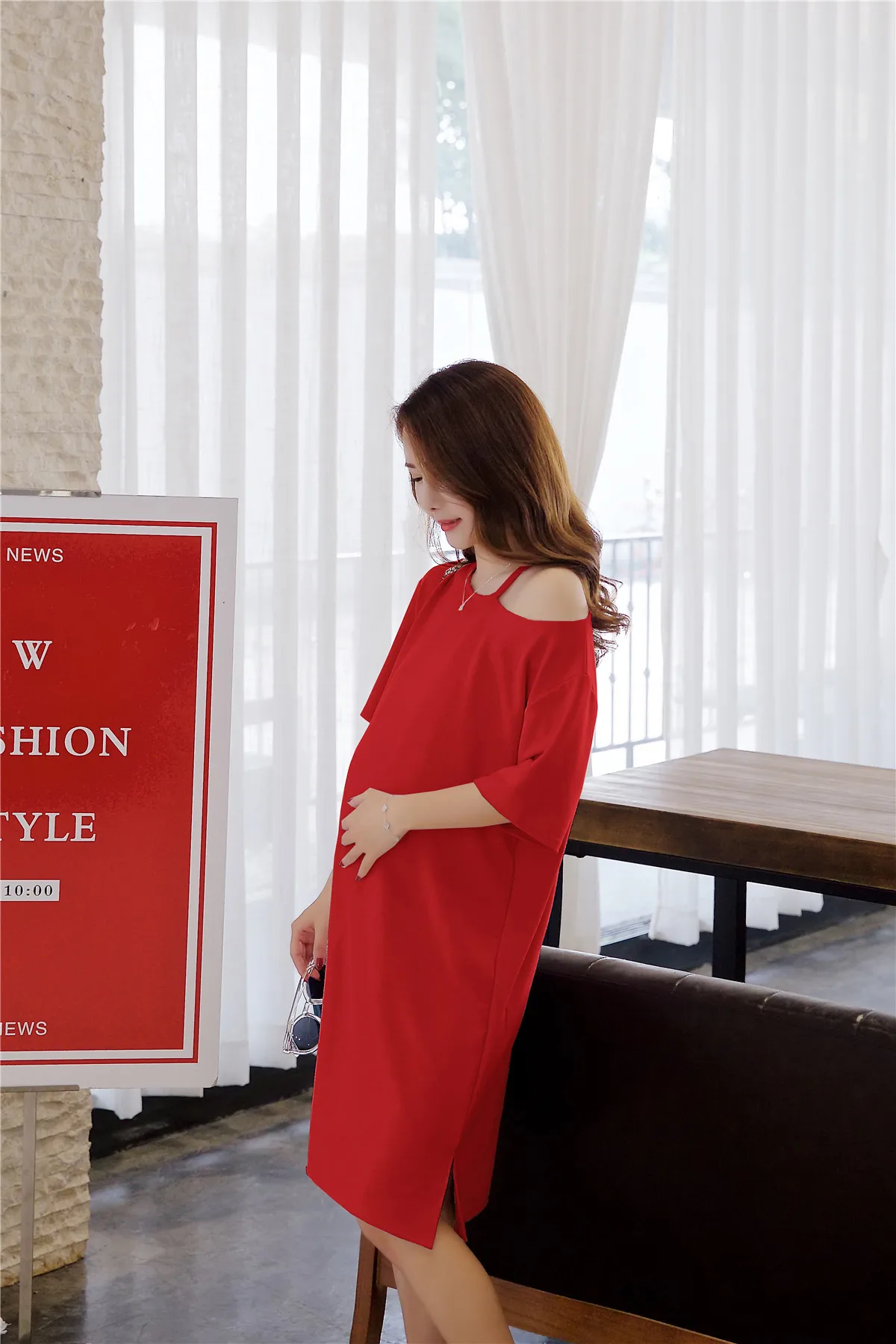 A902# модная летняя одежда для будущих мам прямое платье свободного кроя; Одежда для беременных; Для женщин; пикантные туфли с красной Беременность Длинные футболки Костюмы