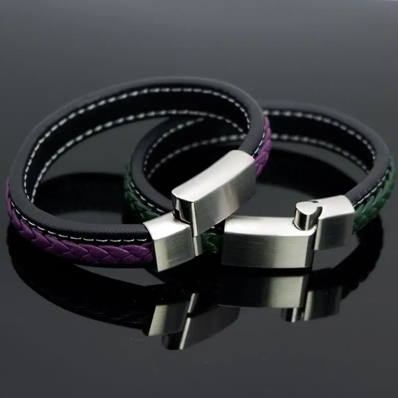 VEROMCA Punk Jewelry Purple Green Genuine Braided Leather Bracelet Stainless Steel Magnetic Clasp Double Leather Bracelets (15)