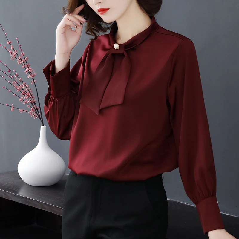Front bow tie Blouses Long Sleeve Shirts long sleeve elegant Shirt