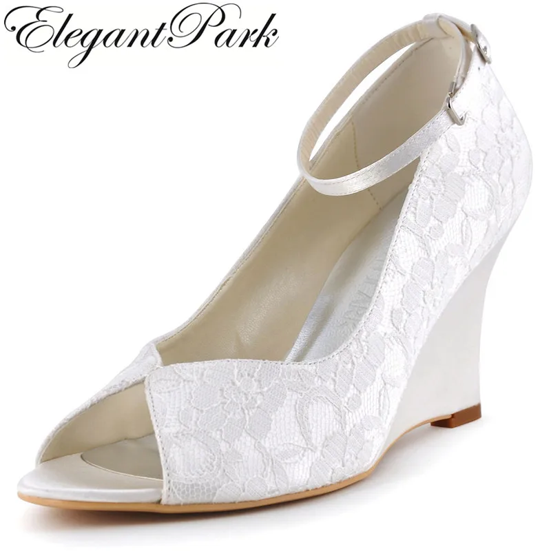 

Women Wedding Shoes Ivory White WP1415 Comfort Wedges Shoes for Women High heels Ankle Strap Lace Bridal Pumps Ladies Bride