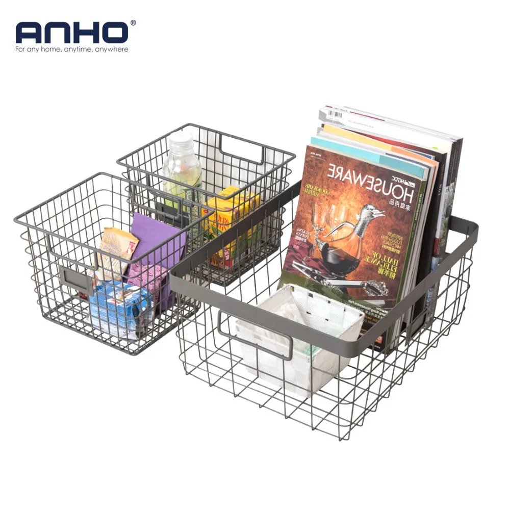 

Storage Wire Basket Household Refrigerator Bin Basket With Handles Bathroom Kitchen Sundries Holder(Set Of 3)