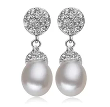 Women Gift word 925 Sterling silver real Deluxe zircon freshwater pearl earrings 8-9MM 925 Silver
