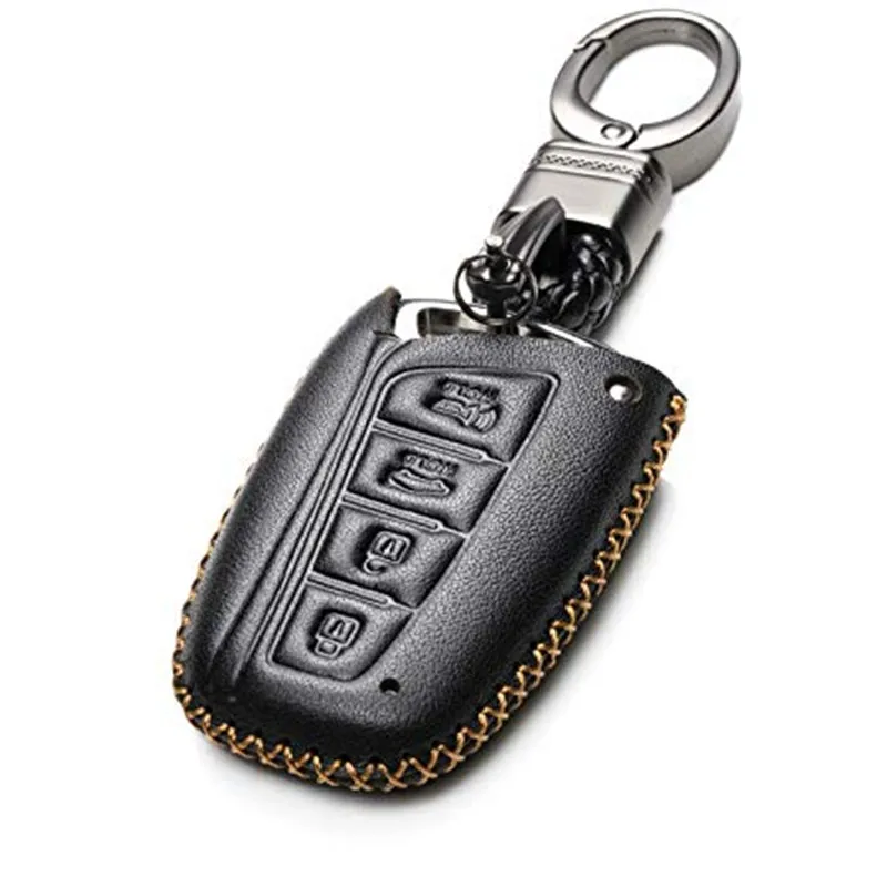 

4Buttons Genuine Leather Keyless Smart Key Fob Case Cover with Key Chain for 2013-2017 Hyundai Santa FE
