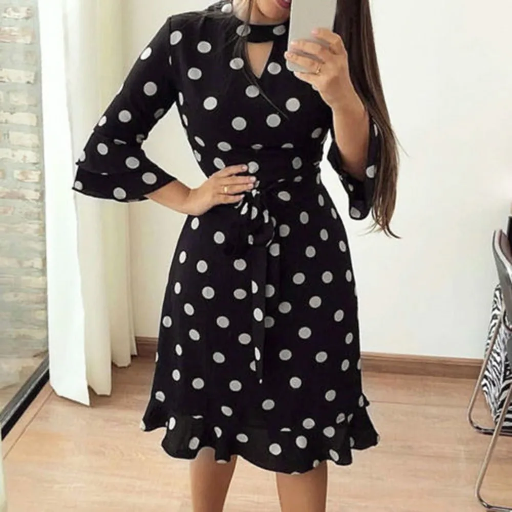

Women's Bandage Wave Point 3/4 Sleeve Evening Party Ruffle Short Dress 3.28