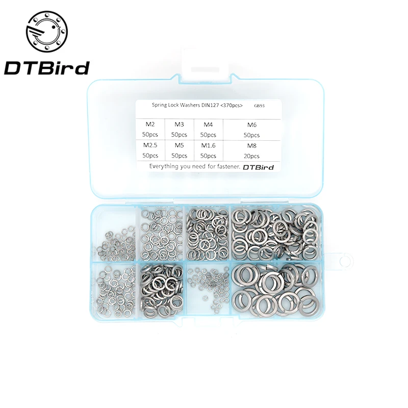 

370Pcs/set DIN127 GB93 M1.6 M2 M2.5 M3 M4 M5 M6 M8 304 Stainless Steel Shells Pad Spring Lock Washer Elastic Gasket
