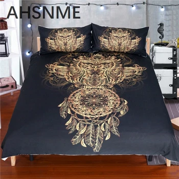 

AHSNME Golden Owl Bedding Set King Size Boys Luxury Dreamcatcher Print Black 3d Duvet Animal Feather Bohemian Bed Cover