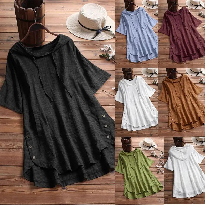 

2019 val Summer Plus Size Women Ladies Loose Cotton Linen Hoodies Short Sleeve T-Shirt Plaid Check Shirt Tops