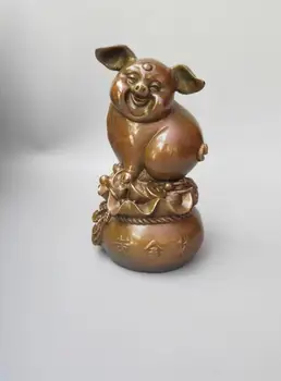 

Chinese pure brass gold sack yuan bao zodiac pig statue