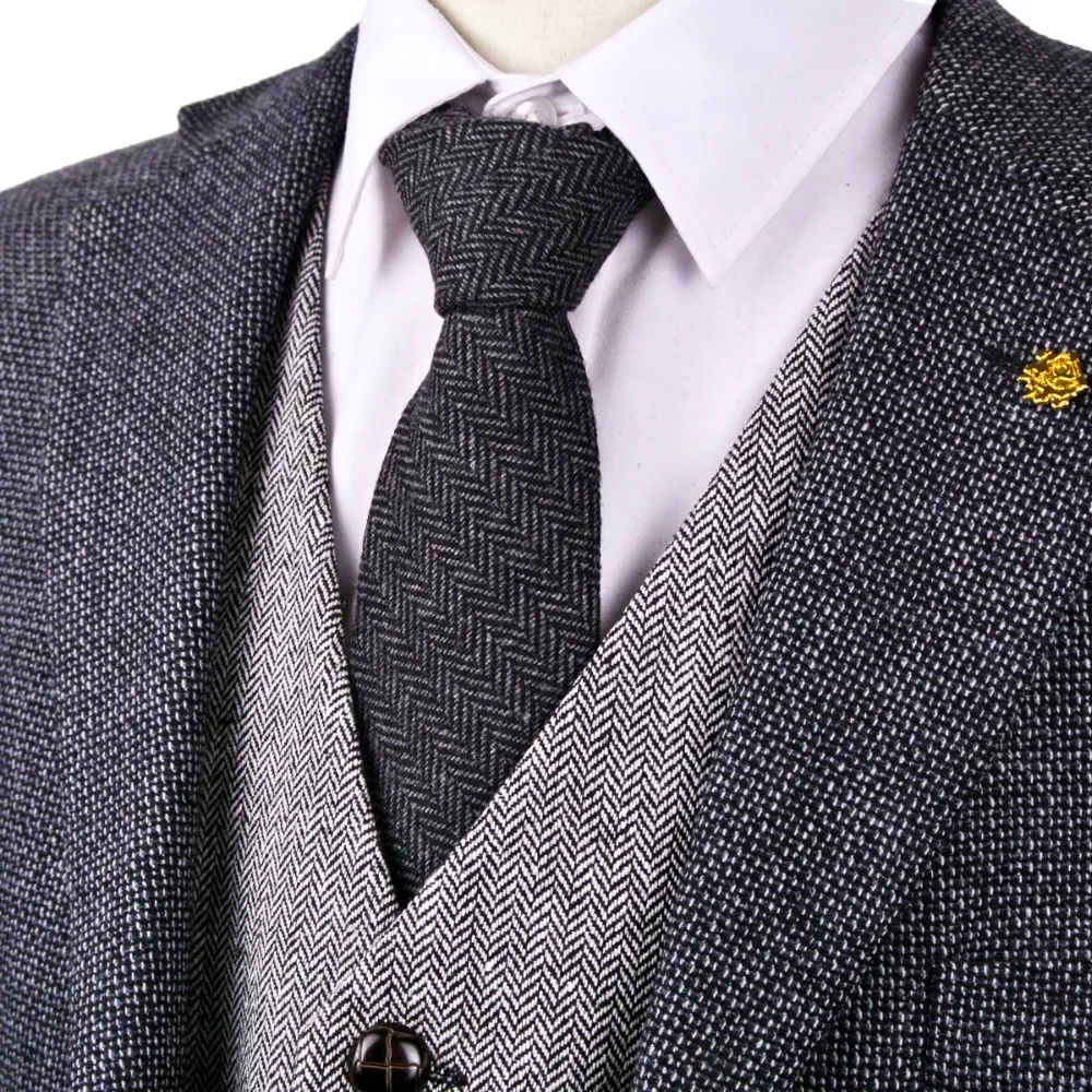 

Free Shipping Herringbone Tweed Gray Dark Grey Solid Men's Ties Neckties Wool 2.76" Wholesale New Casual Formal Business
