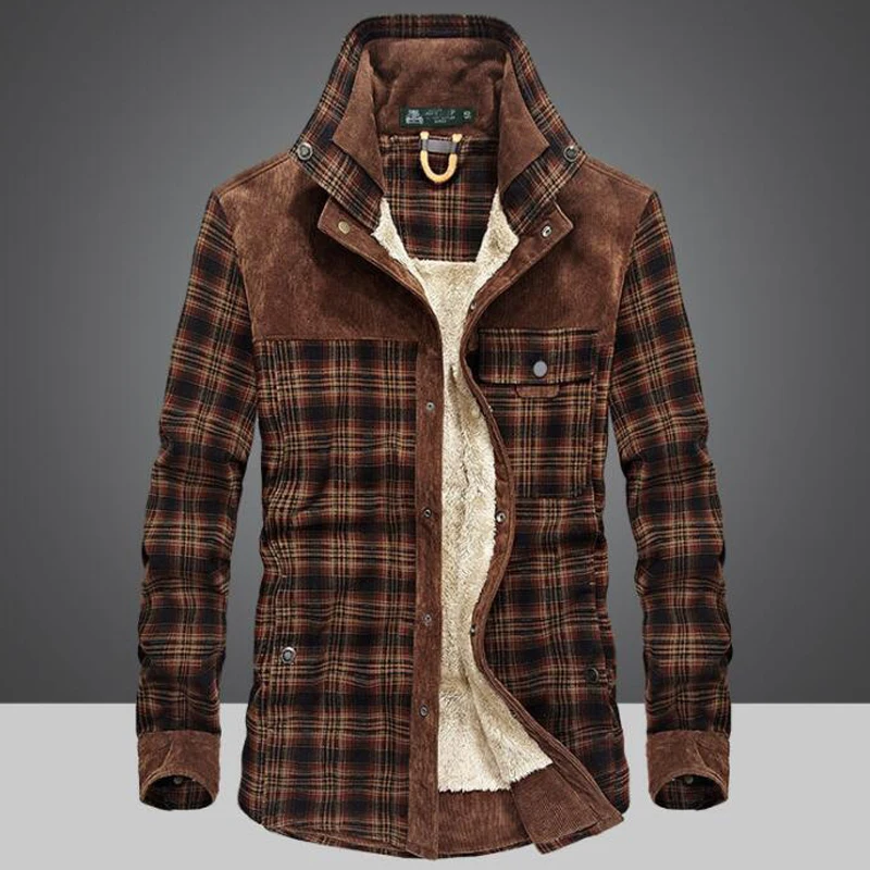 Cotton Liner Fleece Casual Shirt Men Winter Thick Wool Turn Down Plaid Shirts Coat Men's Long Sleeve Shirt Military Jackets