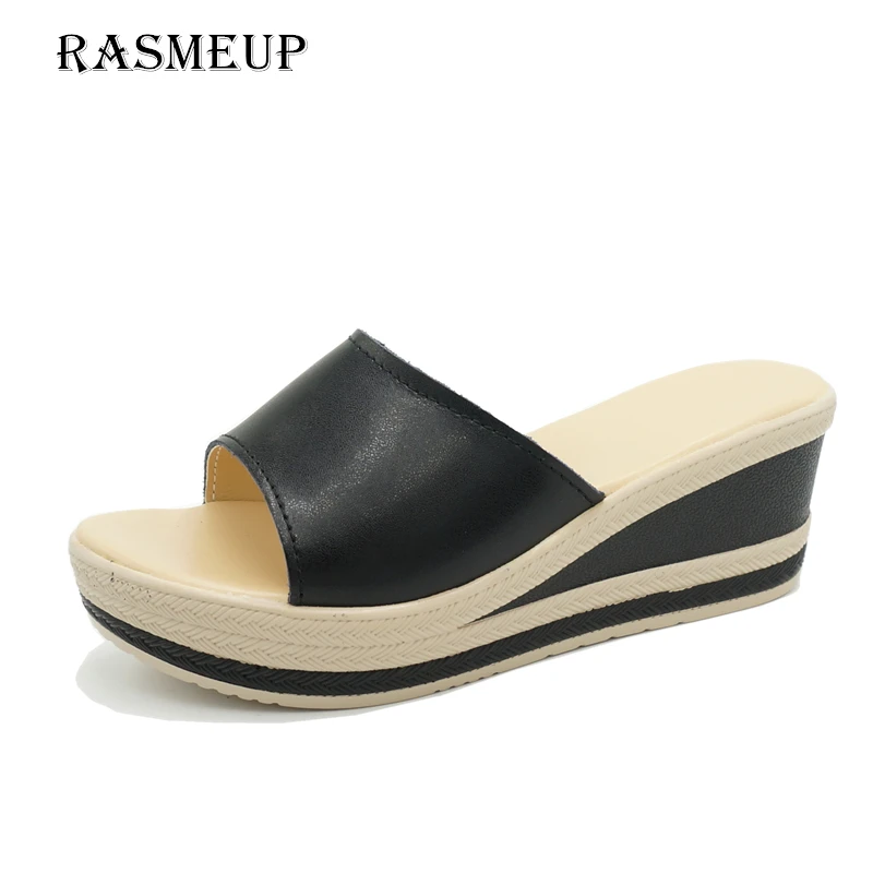 RASMEUP/женские шлепанцы из натуральной кожи на платформе и каблуке; коллекция года; летние женские шлепанцы на танкетке; повседневная женская обувь на толстой подошве