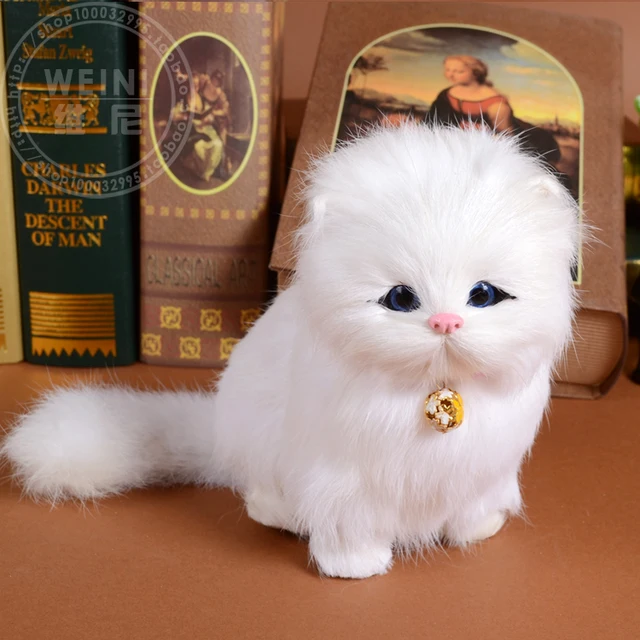 white real fur cat about 16x14 cm miaow sound bell cat
