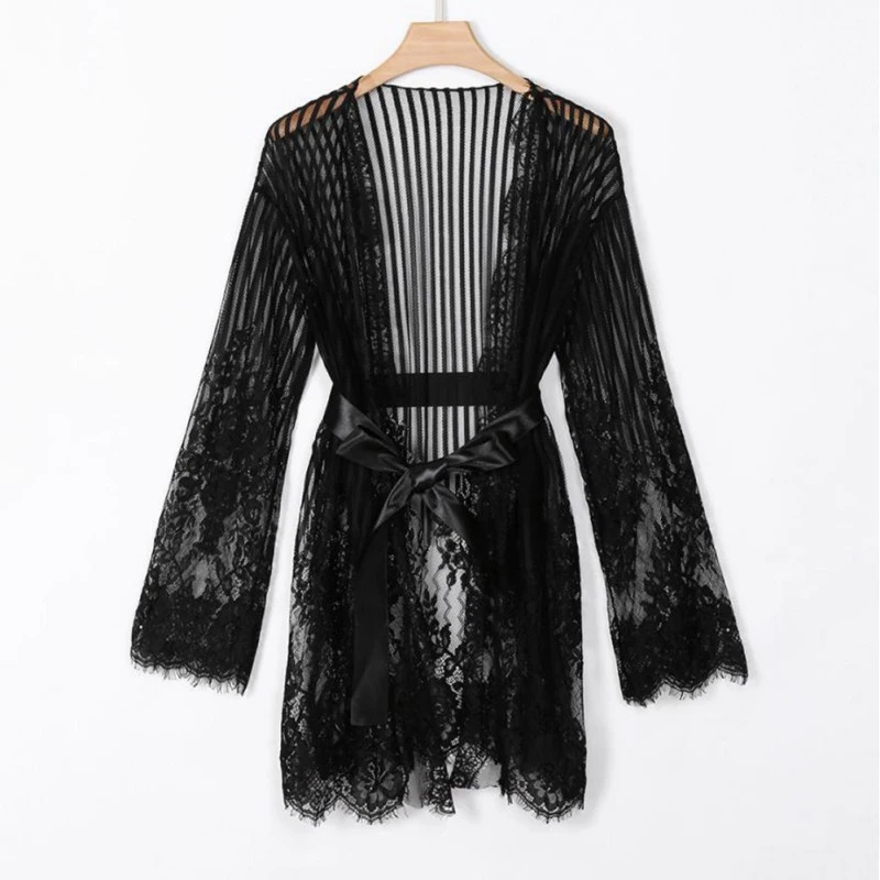 

Women Sexy Lingerie Babydoll Erotic Robe Nightwear Pajamas Hooded Long Sleeve Lace Patchwork Night Cardigan Robe