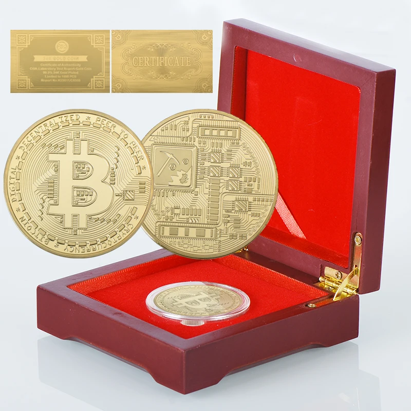 

WR Classic Bitcoin Gold Plated Collectible Coins with Quality Wooden Box Collection Bit Coin for Birthday Gift Metal US Coins