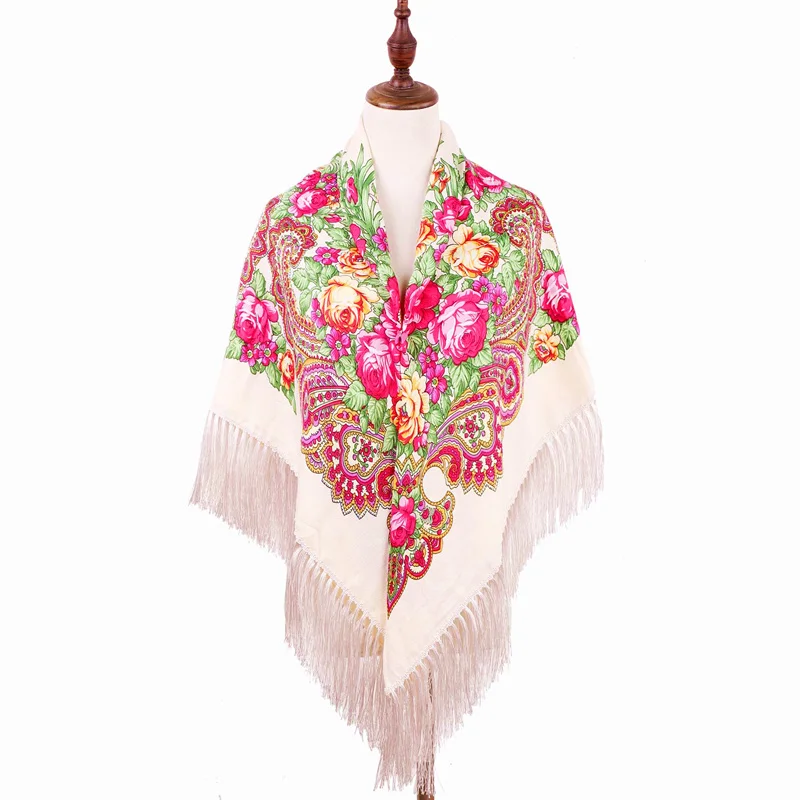 Классический русский стиль, народное искусство, шаль, женский платок, цветочный узор, саржа, хлопок и шелк, шарф, модная шаль, большой шарф 140 см