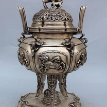 2" Клеймо Китайский Серебряный Дракон Фу Собака Лев Зверь курильница Кадило Статуя