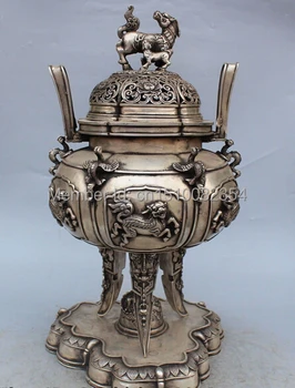 

20" Marked Chinese Silver Dragon Fu Dog Lion Beast incense Burner Censer Statue