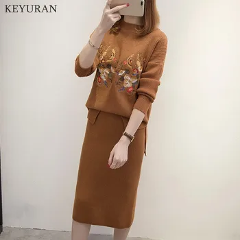 

Autum Winter New Floral Bird Embroidery Knit Skirts Suit Women Long-sleeve Sweater And Skirt Plus Size 4XL 2018 Warm 2 Piece Set
