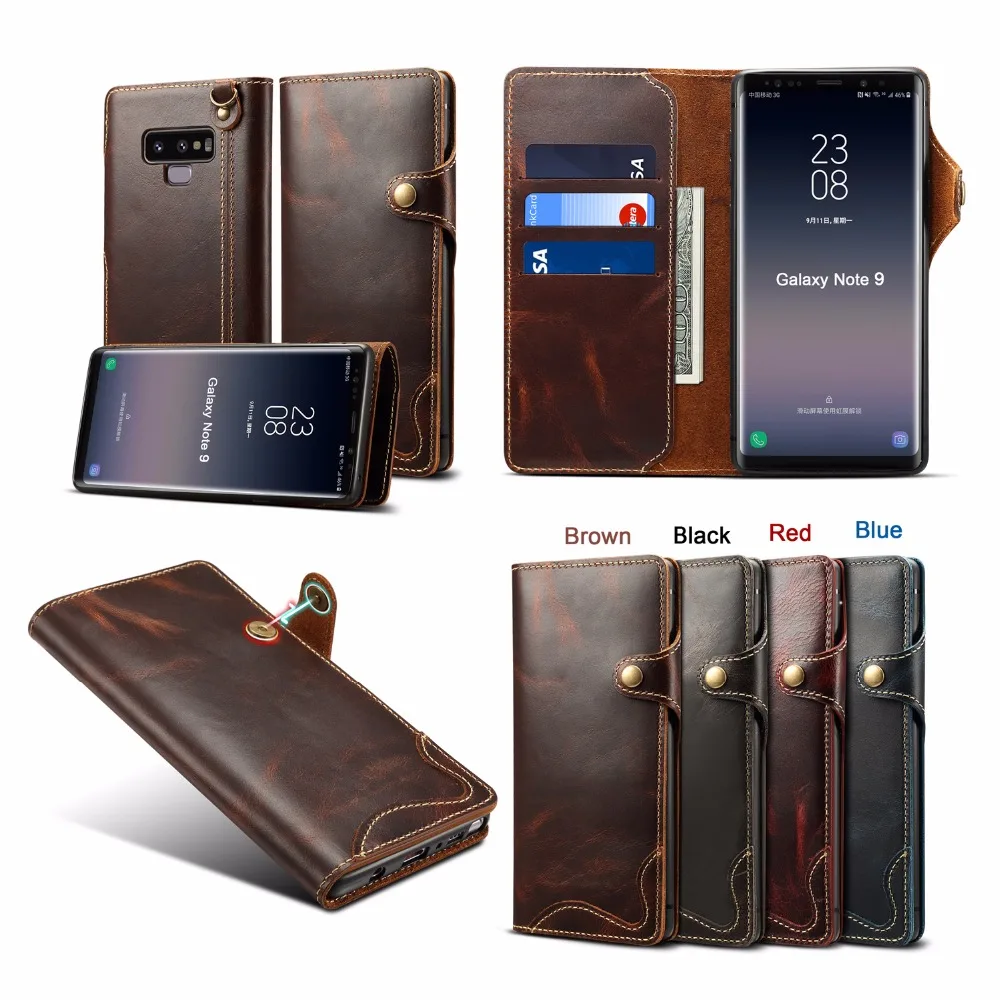 

Genuine Leather NOTE9 case wallet Button hand strap phone cases For Samsung Galaxy note9 note 9 cover mobile bag cards holder