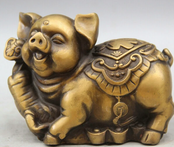 

JP S0522 6 Chinese Copper Animal Fu Wealth Fengshui Zodiac Year Pig Sculpture Statue B0403