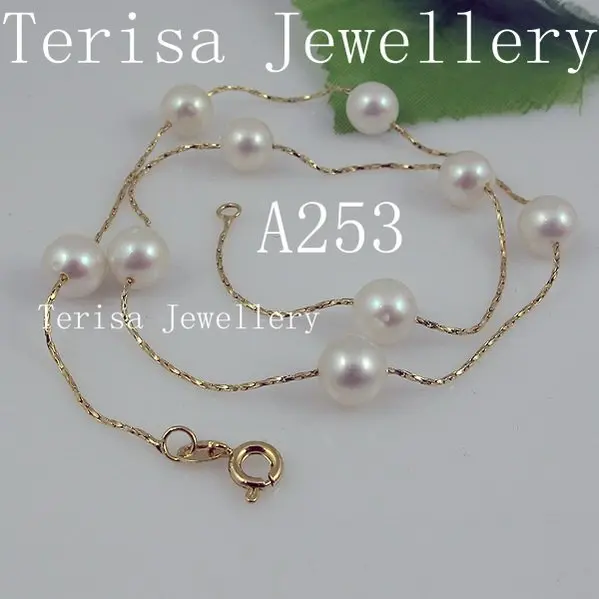 

New Free Shipping A253#,AAA Size:7-8mm Natural Fresh Water Pearls Made 925 Silver Chain in Gold Color Necklace.