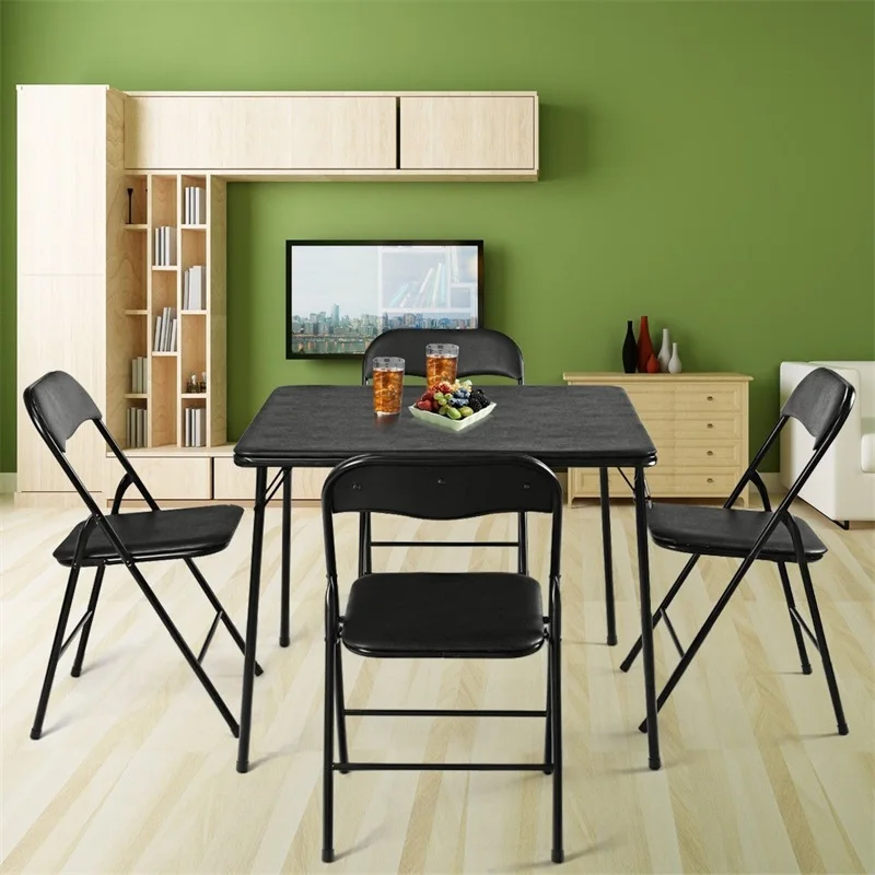 

5 Piece Multi-Purpose Folding Dining Kitchen Black Table Chair Set Folds Up Tight Molded Backs for Comfort Furniture Set HW59440