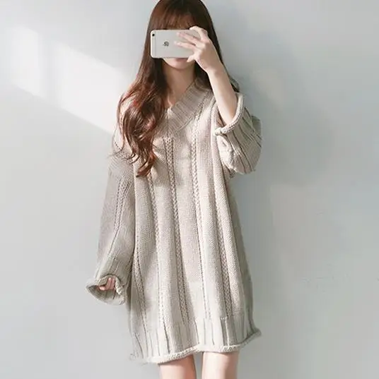 

New 2018 Autumn And Winter V-Neck Women Dress Korean Sweater Lolita Elegant Ladies Dresses Mori Girl Femme Vestidos V905