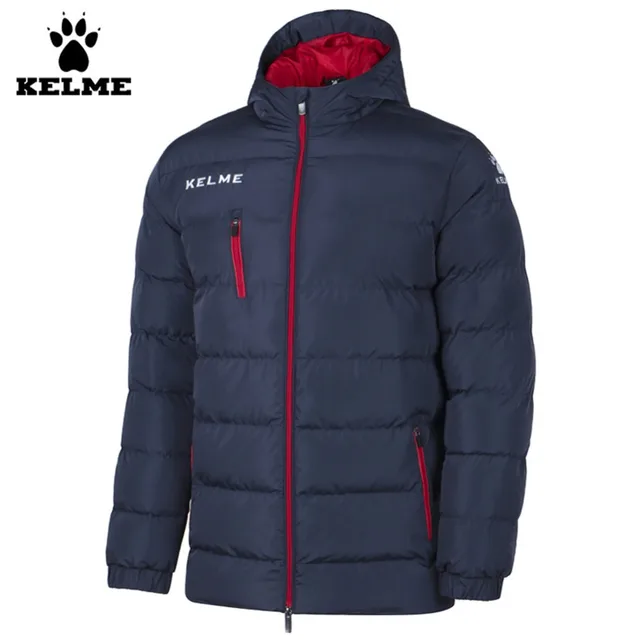 Best price at $147 Cheap Kelme K15P010 Men Outdoor Winter Medium-long Stand Collar Hooded Zipper Down Jacket Navy Red