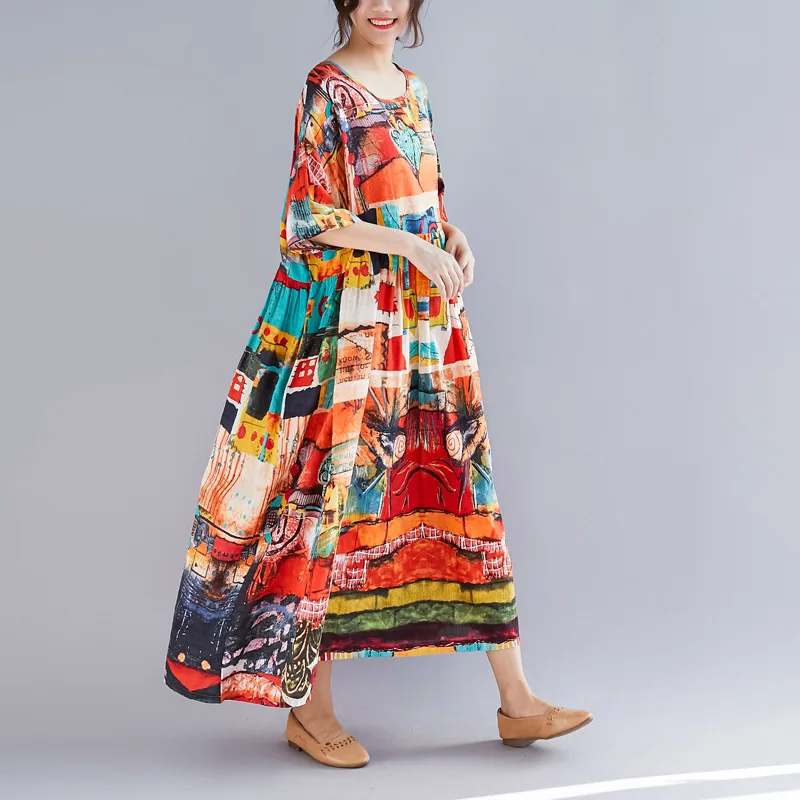 Johnature New Spring Summer Oversize Bohemia Casual Women Dresses Multi Color Print High Waist Long Dress