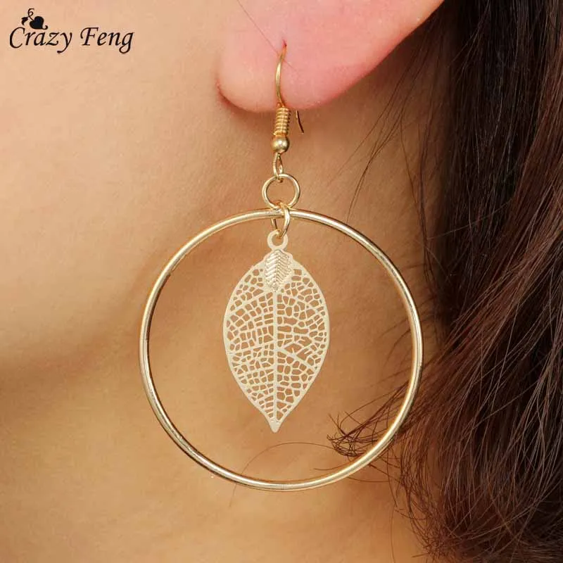 

Crazy Feng Gold Silver Color Trendy Earrings Circle With Hollow Leaf Boho Boucles d'oreilles Femmes Brincos Exaggerated Jewelry